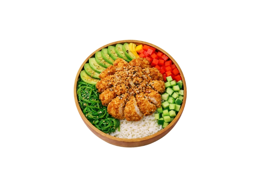 Karaage Crunch poké bowl met kip en kleurrijke groenten